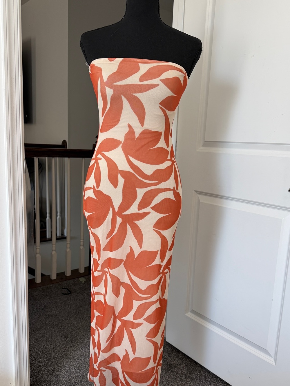 See You Monday Strapless Maxi Dress in Orange and Cream Leaf Print